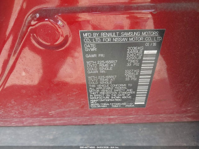 44774505 :رقم المزاد ، KNMAT2MT1GP647830 vin ، 2016 Nissan Rogue Sv مزاد بيع
