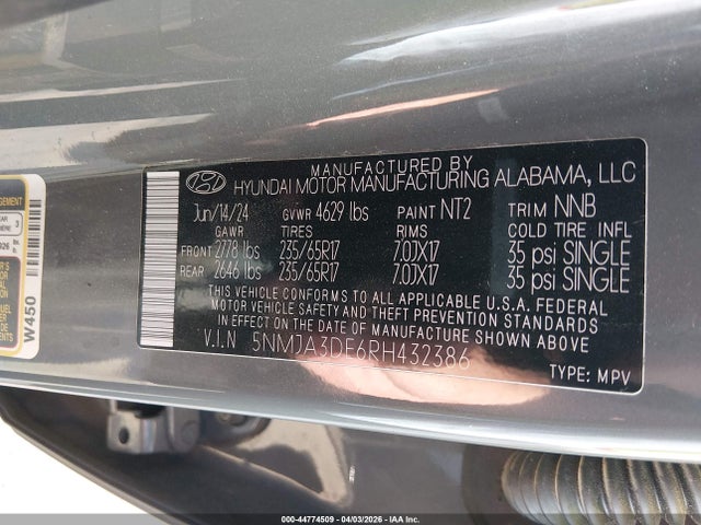 Продажа на аукционе авто 2024 Hyundai Tucson Se, vin: 5NMJA3DE6RH432386, номер лота: 44774509