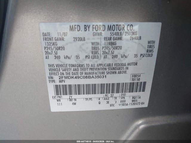 44774510 :رقم المزاد ، 2FMDK49C08BA35031 vin ، 2008 Ford Edge Limited مزاد بيع