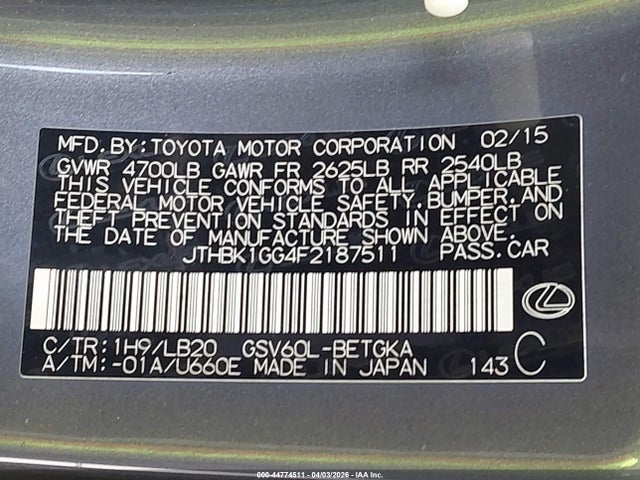 Lexus ES 350 2015 JTHBK1GG4F2187511 Image 9