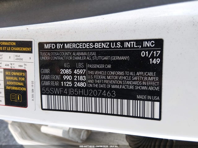 44774515 :رقم المزاد ، 55SWF4JB5HU207463 vin ، 2017 Mercedes-benz C 300 مزاد بيع