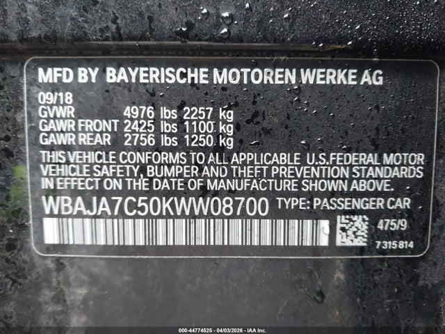 Aukcja sprzedaży 2019 Bmw 530i Xdrive, vin: WBAJA7C50KWW08700, numer aukcji: 44774525