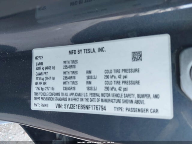 Продажа на аукционе авто 2022 Tesla Model 3 Long Range Dual Motor All-wheel Drive, vin: 5YJ3E1EB9NF176794, номер лота: 44774540