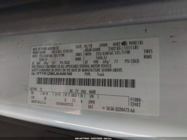 Aukcja sprzedaży 2018 Ford Transit-250, vin: 1FTYR1ZMXJKA98190, numer aukcji: 44774543