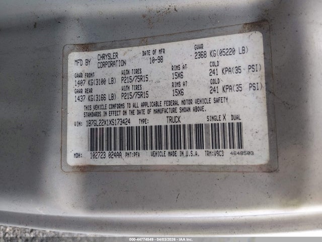 44774549 :رقم المزاد ، 1B7GL22X1XS173424 vin ، 1999 Dodge Dakota Slt/sport مزاد بيع