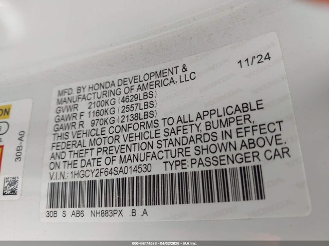 44774578 :رقم المزاد ، 1HGCY2F64SA014530 vin ، 2025 Honda Accord Hybrid Ex-l مزاد بيع