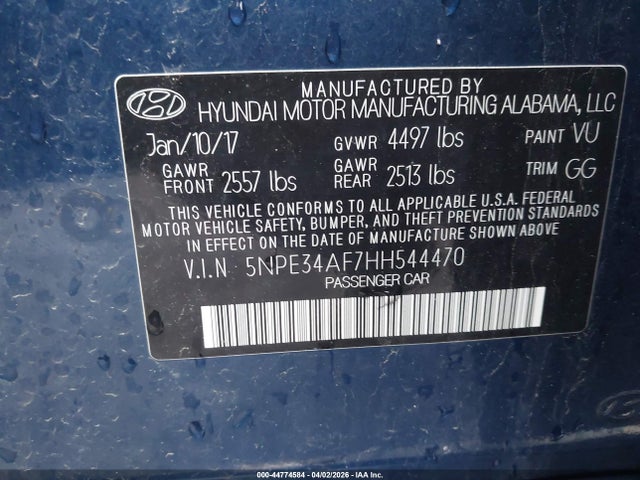 2017 Hyundai Sonata Sport მანქანა იყიდება აუქციონზე, vin: 5NPE34AF7HH544470, აუქციონის ნომერი: 44774584