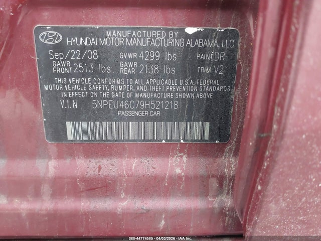 2009 Hyundai Sonata Limited მანქანა იყიდება აუქციონზე, vin: 5NPEU46C79H521218, აუქციონის ნომერი: 44774585