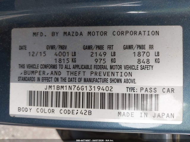 44774587 :رقم المزاد ، JM1BM1N76G1319402 vin ، 2016 Mazda Mazda3 I Grand Touring مزاد بيع