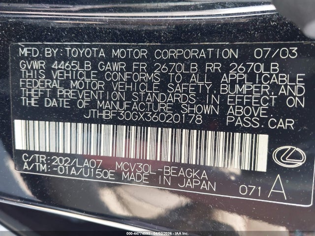 Продажа на аукционе авто 2003 Lexus Es 300, vin: JTHBF30GX36020178, номер лота: 44774593