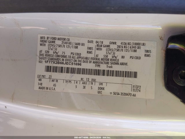 2018 Ford F-250 Xl მანქანა იყიდება აუქციონზე, vin: 1FT7X2B66JEC51696, აუქციონის ნომერი: 44774598