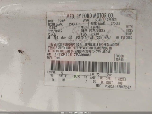 Aukcja sprzedaży 2007 Ford Ranger Xlt, vin: 1FTZR14E17PA99082, numer aukcji: 44774602