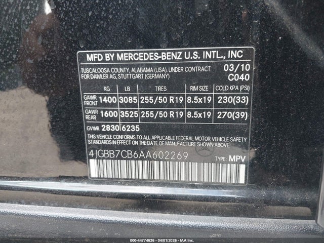 Aukcja sprzedaży 2010 Mercedes-benz Ml 550 4matic, vin: 4JGBB7CB6AA602269, numer aukcji: 44774626