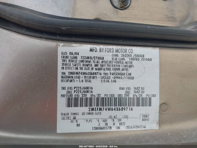 44774653 :رقم المزاد ، 2MEFM74W64X689716 vin ، 2004 Mercury Grand Marquis Gs مزاد بيع