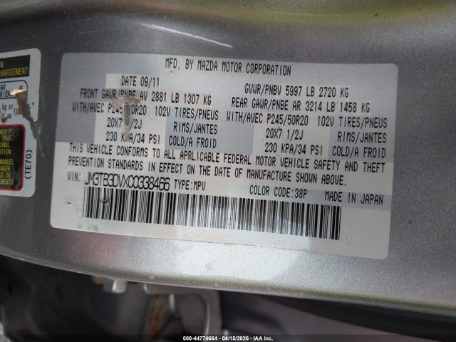 44774664 :رقم المزاد ، JM3TB3DVXC0338466 vin ، 2012 Mazda Cx-9 Grand Touring مزاد بيع