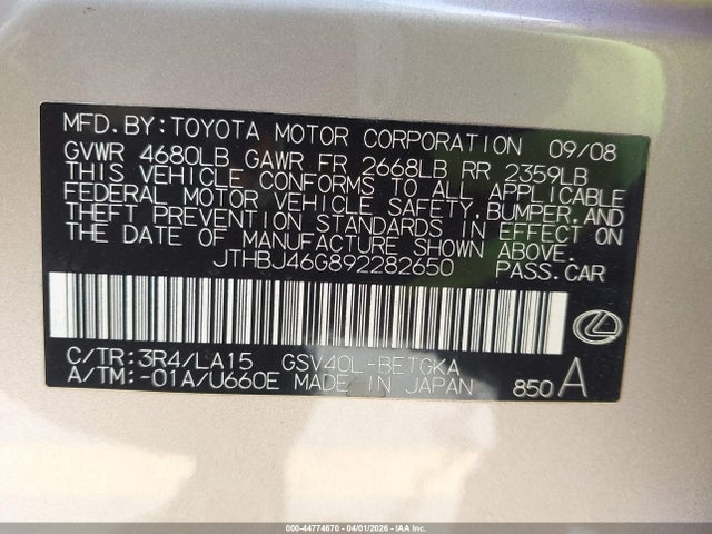 2009 Lexus Es 350 მანქანა იყიდება აუქციონზე, vin: JTHBJ46G892282650, აუქციონის ნომერი: 44774670