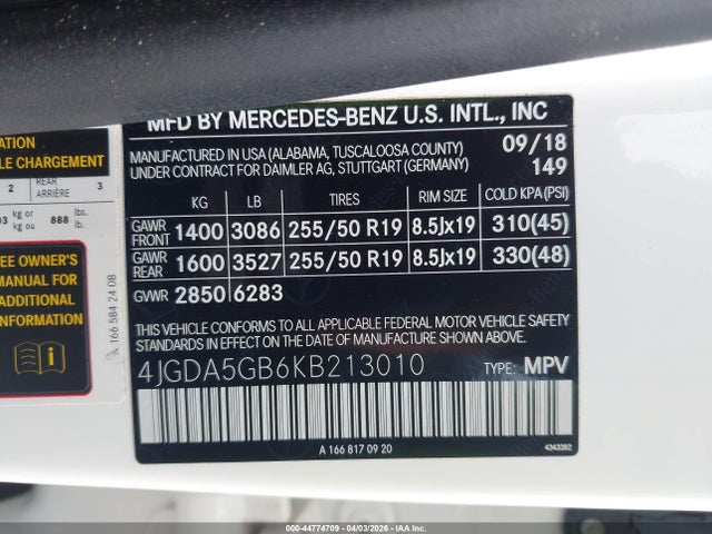 Auction sale of the 2019 Mercedes-benz Gle 400 4matic, vin: 4JGDA5GB6KB213010, lot number: 44774709