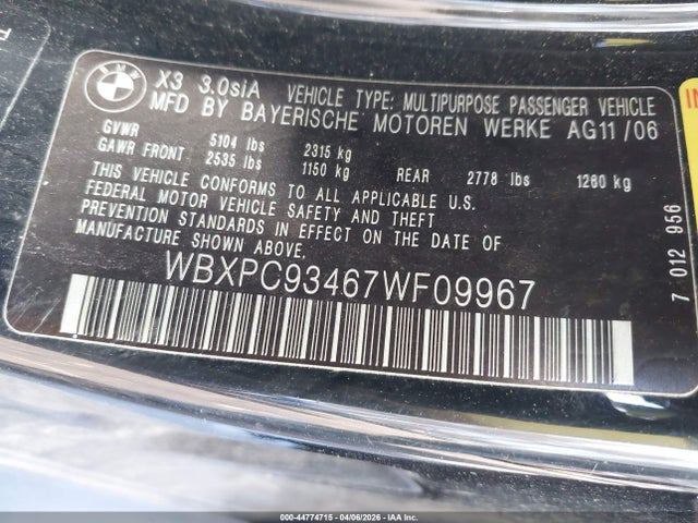 Продаж на аукціоні авто 2007 Bmw X3 3.0si, vin: WBXPC93467WF09967, номер лоту: 44774715