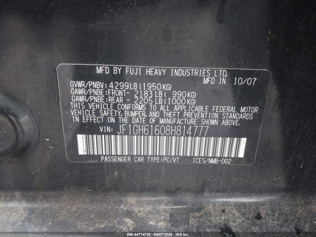 Aukcja sprzedaży 2008 Subaru Impreza 2.5i, vin: JF1GH61608H814777, numer aukcji: 44774720