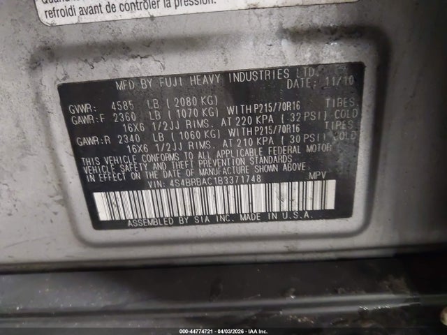 44774721 :رقم المزاد ، 4S4BRBAC1B3371748 vin ، 2011 Subaru Outback 2.5i مزاد بيع