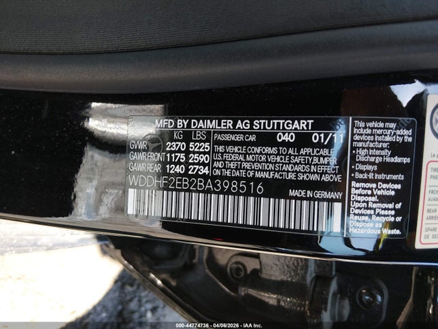 44774736 :رقم المزاد ، WDDHF2EB2BA398516 vin ، 2011 Mercedes-benz E 350 Bluetec مزاد بيع