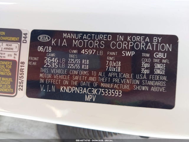 2019 Kia Sportage Ex მანქანა იყიდება აუქციონზე, vin: KNDPN3AC3K7533593, აუქციონის ნომერი: 44774750