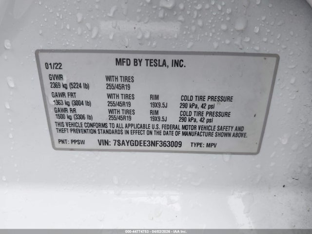 Продажа на аукционе авто 2022 Tesla Model Y Long Range Dual Motor All-wheel Drive, vin: 7SAYGDEE3NF363009, номер лота: 44774753