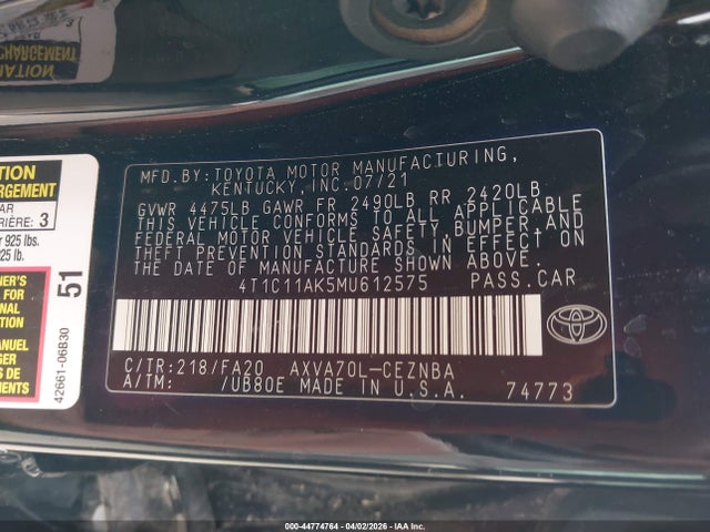 4T1C11AK5MU612575 Toyota CAMRY LE