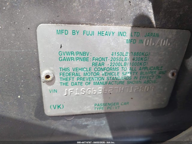 Продаж на аукціоні авто 2007 Subaru Forester 2.5x, vin: JF1SG63627H712809, номер лоту: 44774767