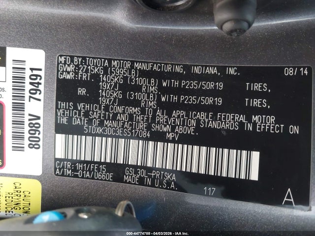 5TDXK3DC3ES517084 Toyota Sienna Se 8 Passenger
