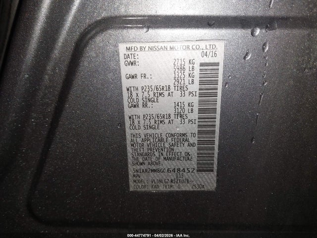 Aukcja sprzedaży 2016 Nissan Pathfinder Sl, vin: 5N1AR2MM8GC648452, numer aukcji: 44774791