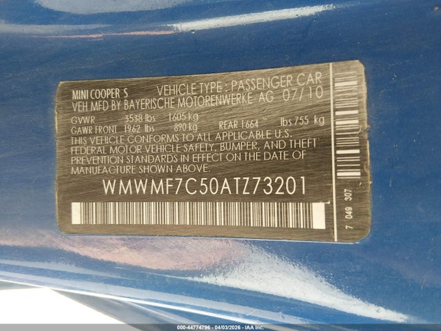 2010 MINI COOPER S WMWMF7C50ATZ73201 Photo 8