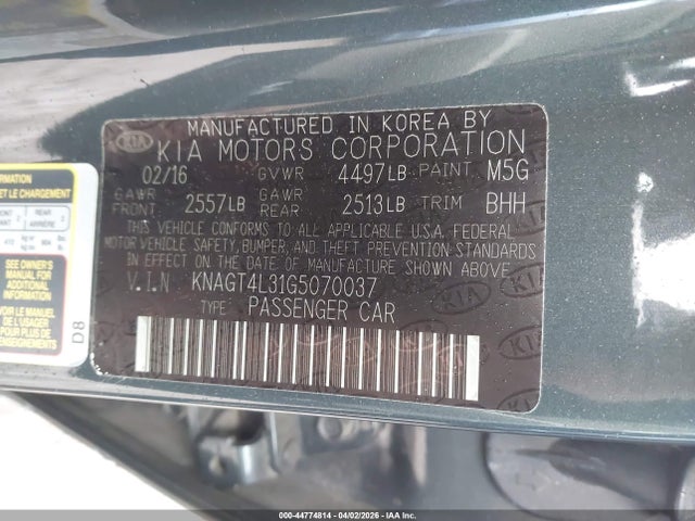 44774814 :رقم المزاد ، KNAGT4L31G5070037 vin ، 2016 Kia Optima Lx مزاد بيع