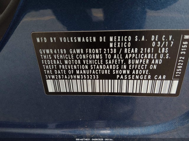 2017 Volkswagen Jetta 1.4t S მანქანა იყიდება აუქციონზე, vin: 3VW2B7AJ9HM353233, აუქციონის ნომერი: 44774831