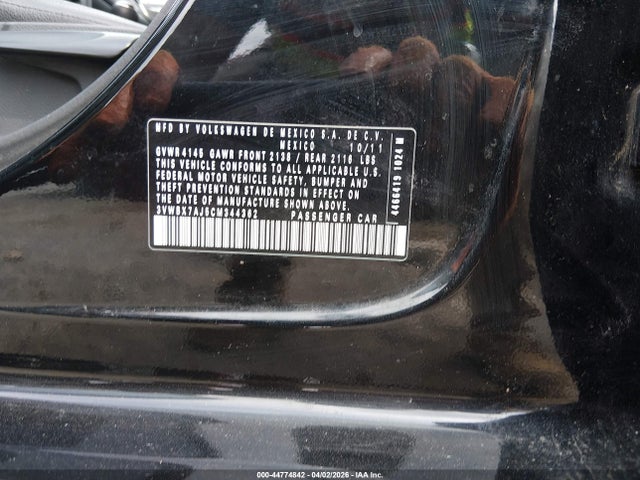 2012 Volkswagen Jetta 2.5l Se მანქანა იყიდება აუქციონზე, vin: 3VWBX7AJ5CM344362, აუქციონის ნომერი: 44774842