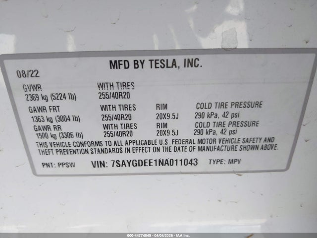 Продаж на аукціоні авто 2022 Tesla Model Y Long Range Dual Motor All-wheel Drive, vin: 7SAYGDEE1NA011043, номер лоту: 44774849