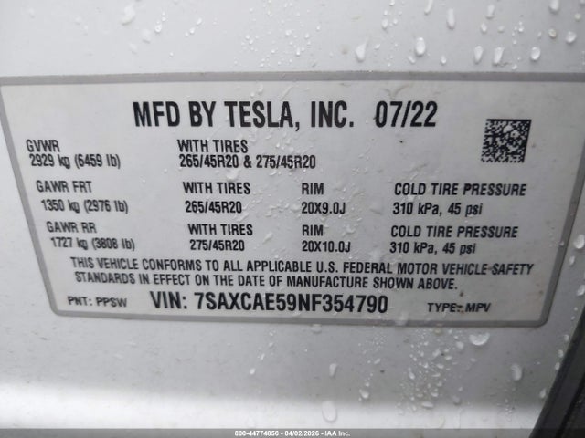 Aukcja sprzedaży 2022 Tesla Model X Dual Motor All-wheel Drive, vin: 7SAXCAE59NF354790, numer aukcji: 44774850