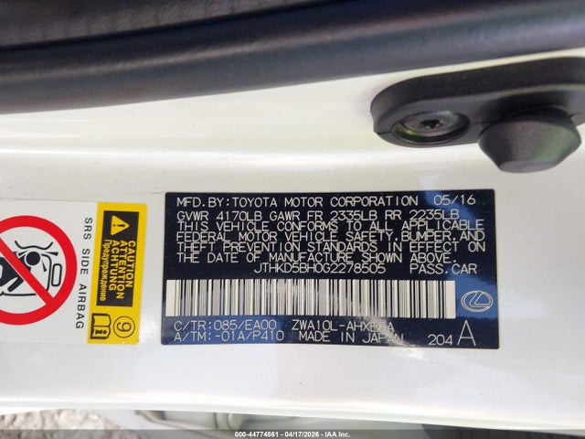 Продаж на аукціоні авто 2016 Lexus Ct 200h, vin: JTHKD5BH0G2278505, номер лоту: 44774861