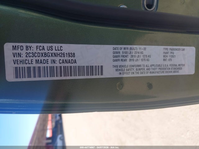 2C3CDXBGXNH261938 Dodge Charger Sxt Rwd
