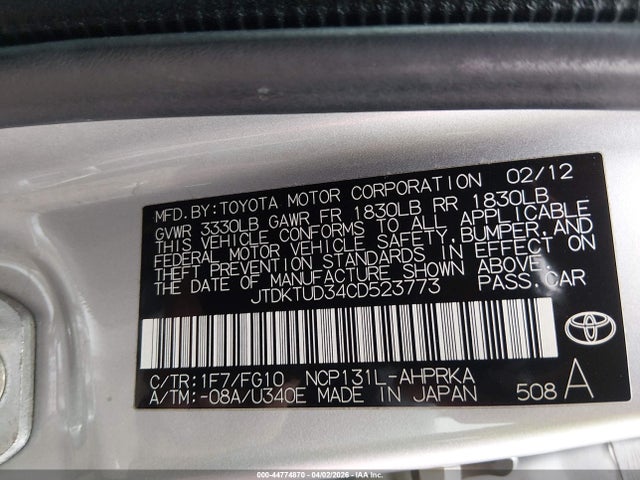 Aukcja sprzedaży 2012 Toyota Yaris Le, vin: JTDKTUD34CD523773, numer aukcji: 44774870