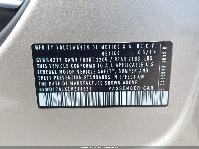 2014 Volkswagen Jetta 1.8t Se მანქანა იყიდება აუქციონზე, vin: 3VWD17AJXEM314626, აუქციონის ნომერი: 44774875