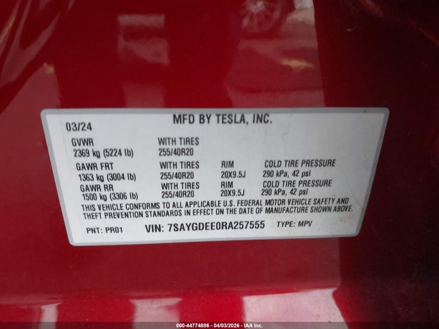 Продажа на аукционе авто 2024 Tesla Model Y Long Range Dual Motor All-wheel Drive, vin: 7SAYGDEE0RA257555, номер лота: 44774886