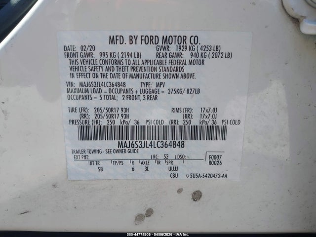 2020 Ford Ecosport Ses მანქანა იყიდება აუქციონზე, vin: MAJ6S3JL4LC364848, აუქციონის ნომერი: 44774905