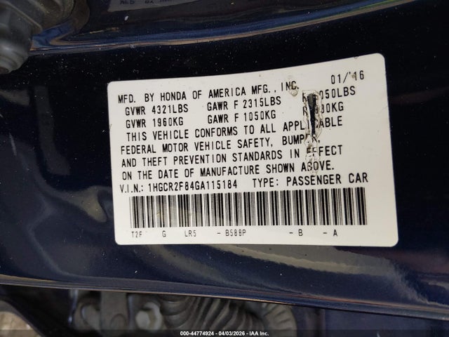 44774924 :رقم المزاد ، 1HGCR2F84GA115184 vin ، 2016 Honda Accord Ex-l مزاد بيع
