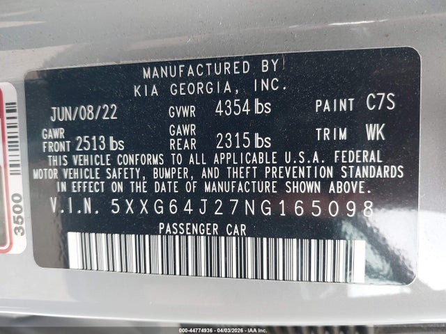 2022 Kia K5 Gt-line მანქანა იყიდება აუქციონზე, vin: 5XXG64J27NG165098, აუქციონის ნომერი: 44774936