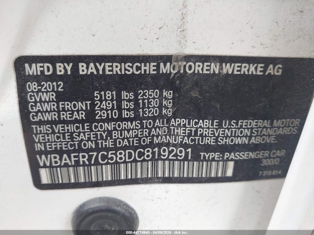 Aukcja sprzedaży 2013 Bmw 535i, vin: WBAFR7C58DC819291, numer aukcji: 44774940