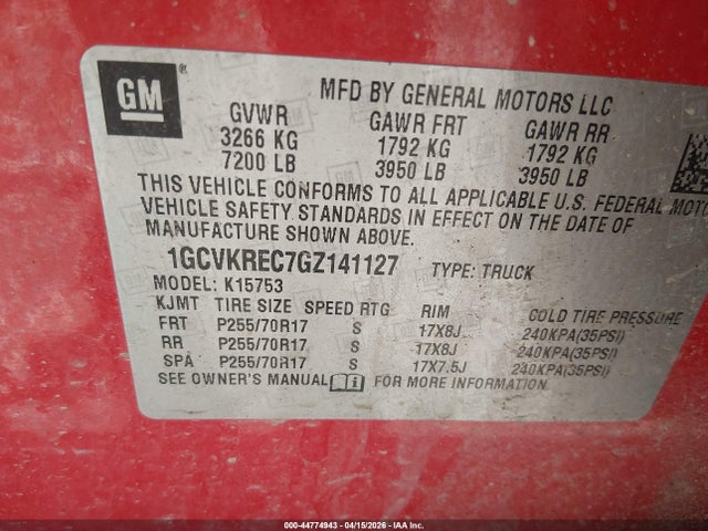 2016 Chevrolet Silverado 1500 1lt მანქანა იყიდება აუქციონზე, vin: 1GCVKREC7GZ141127, აუქციონის ნომერი: 44774943