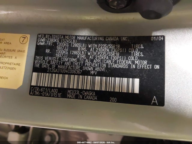 44774962 :رقم المزاد ، 2T2GA31U94C006367 vin ، 2004 Lexus Rx 330 مزاد بيع