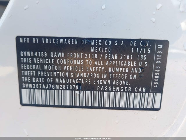 2016 Volkswagen Jetta 1.4t S მანქანა იყიდება აუქციონზე, vin: 3VW267AJ7GM287879, აუქციონის ნომერი: 44774964
