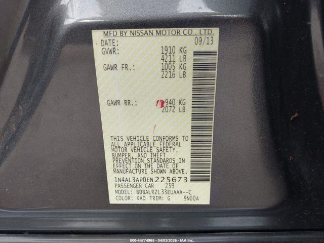 2014 Nissan Altima 2.5 S მანქანა იყიდება აუქციონზე, vin: 1N4AL3AP0EN225673, აუქციონის ნომერი: 44774965